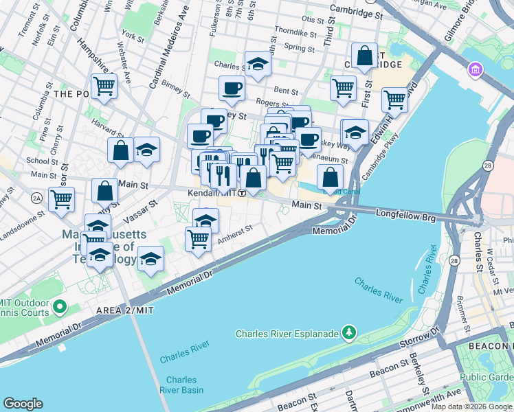 map of restaurants, bars, coffee shops, grocery stores, and more near in Cambridge