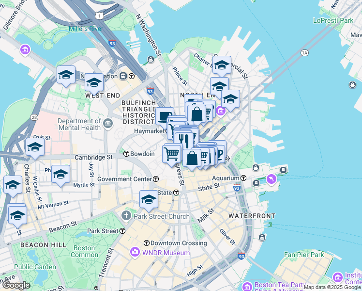 map of restaurants, bars, coffee shops, grocery stores, and more near 100 Hanover Street in Boston