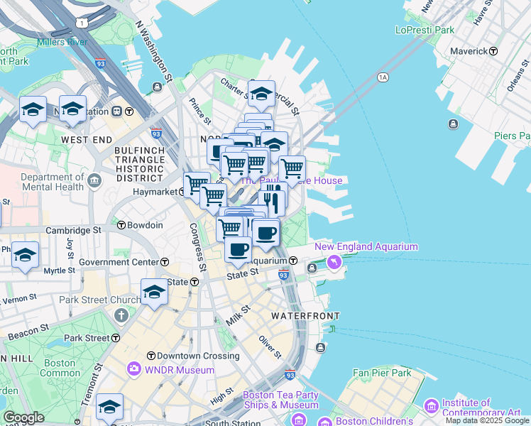 map of restaurants, bars, coffee shops, grocery stores, and more near 47 Fulton Street in Boston
