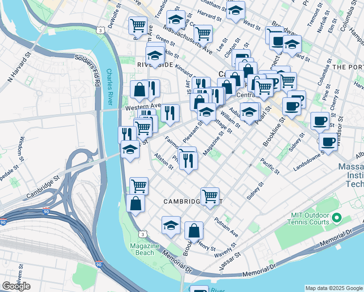 map of restaurants, bars, coffee shops, grocery stores, and more near 25 Fairmont Street in Cambridge
