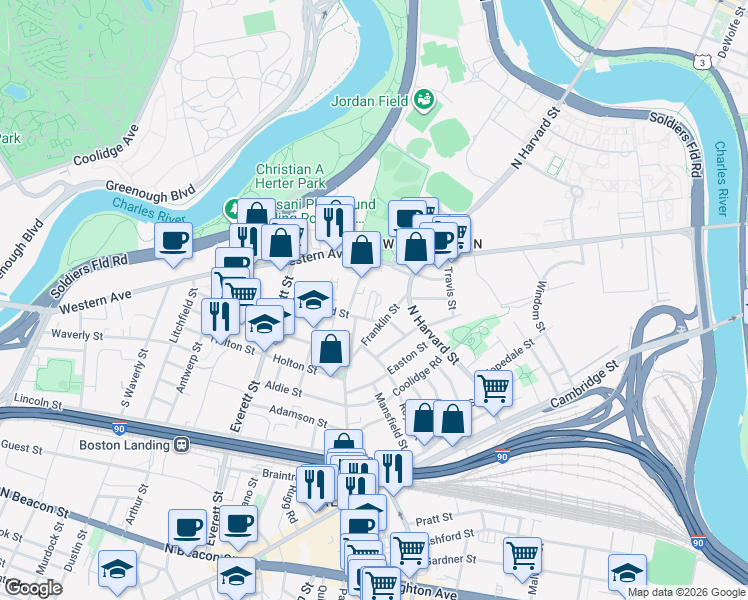 map of restaurants, bars, coffee shops, grocery stores, and more near 158-160 Franklin Street in Boston