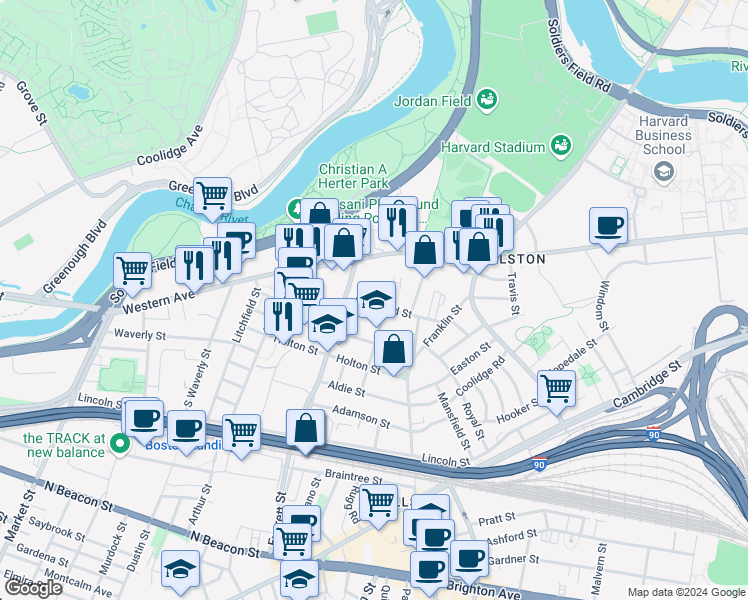 map of restaurants, bars, coffee shops, grocery stores, and more near 17 Raymond Street in Boston