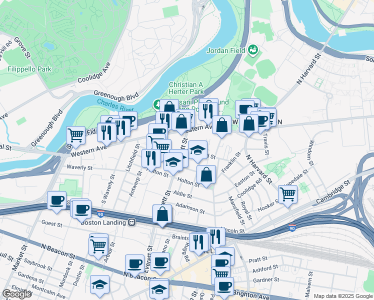 map of restaurants, bars, coffee shops, grocery stores, and more near 1 Raymond Street in Boston