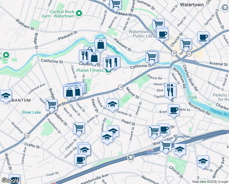 map of restaurants, bars, coffee shops, grocery stores, and more near 20 Theurer Park in Watertown