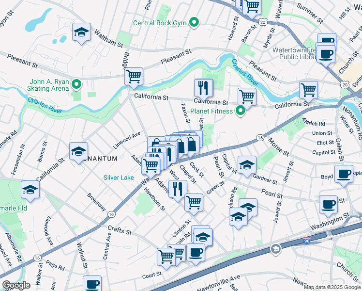 map of restaurants, bars, coffee shops, grocery stores, and more near 112 Chapel Street in Newton