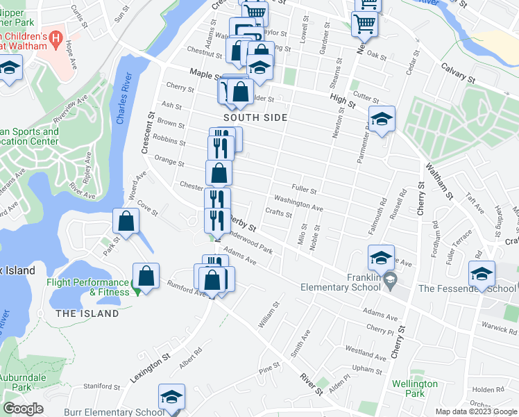 map of restaurants, bars, coffee shops, grocery stores, and more near 255 Lowell Street in Waltham