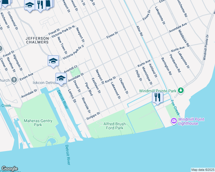 map of restaurants, bars, coffee shops, grocery stores, and more near 264 Newport Street in Detroit