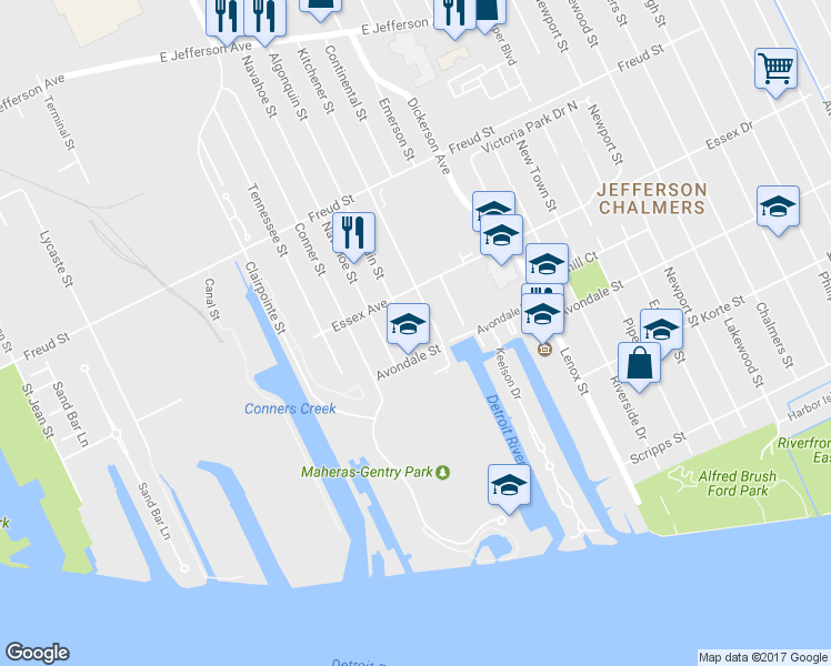 map of restaurants, bars, coffee shops, grocery stores, and more near 439 Algonquin Street in Detroit