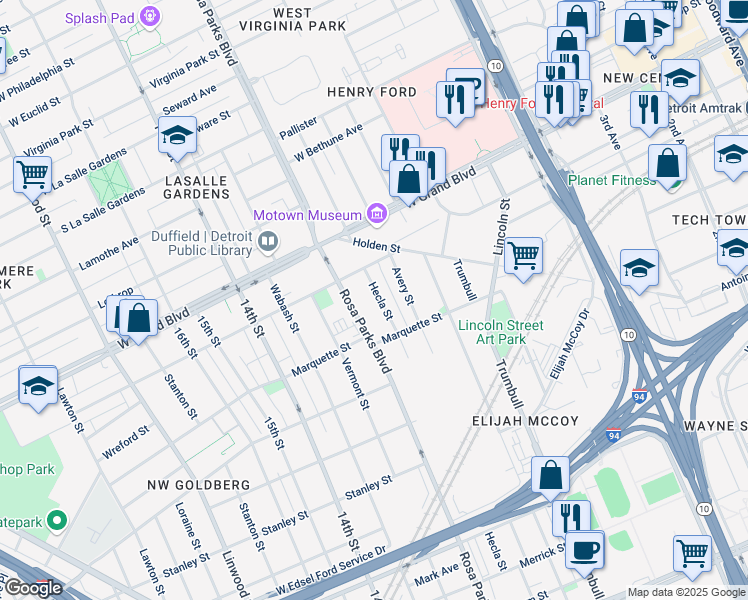 map of restaurants, bars, coffee shops, grocery stores, and more near 6150 Hecla Street in Detroit