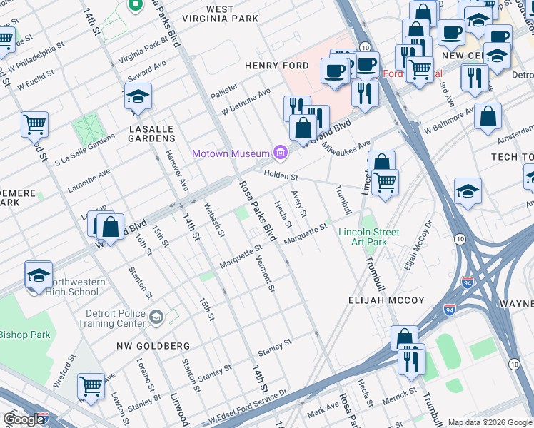 map of restaurants, bars, coffee shops, grocery stores, and more near 6185 Rosa Parks Boulevard in Detroit