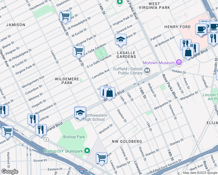 map of restaurants, bars, coffee shops, grocery stores, and more near 2353 West Grand Boulevard in Detroit