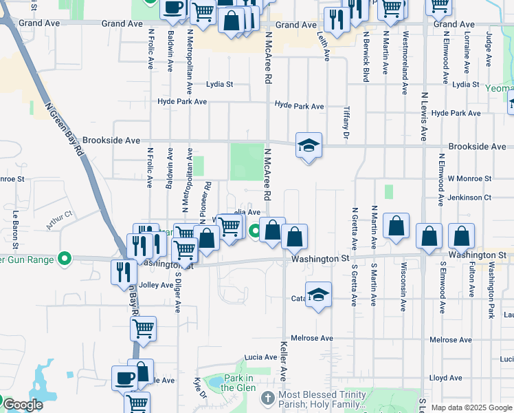 map of restaurants, bars, coffee shops, grocery stores, and more near 100 North McAree Road in Waukegan