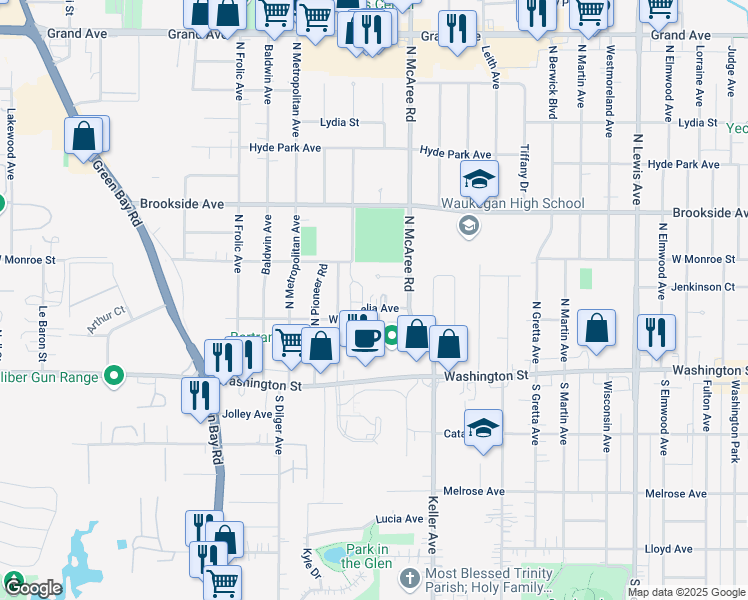 map of restaurants, bars, coffee shops, grocery stores, and more near 2629 West Cornelia Avenue in Waukegan