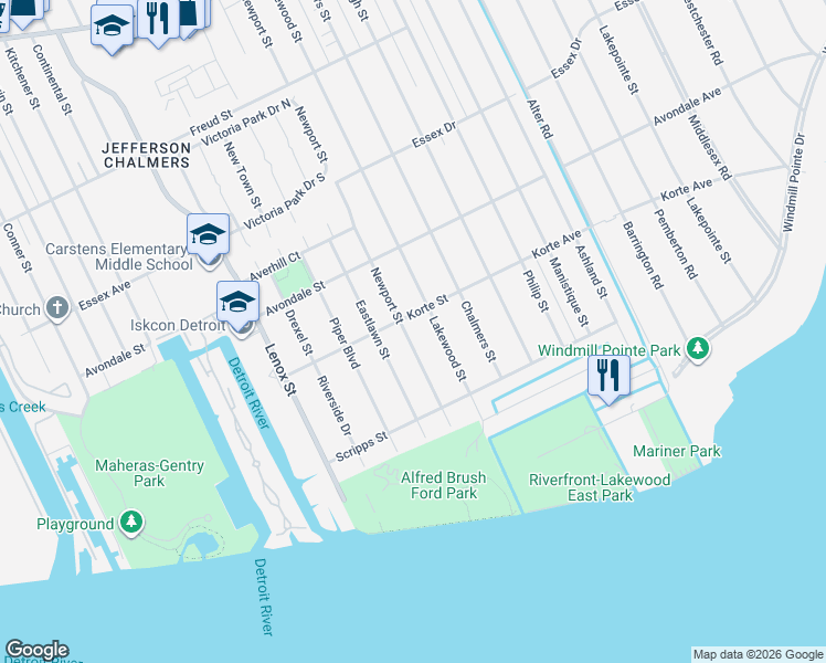 map of restaurants, bars, coffee shops, grocery stores, and more near 264 Newport Street in Detroit