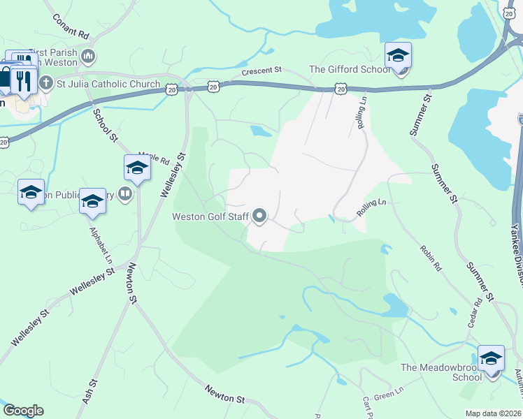 map of restaurants, bars, coffee shops, grocery stores, and more near 6 Dogwood Road in Weston