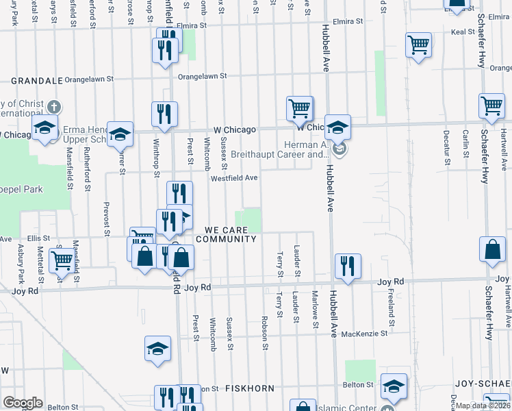 map of restaurants, bars, coffee shops, grocery stores, and more near 9187 Robson Street in Detroit