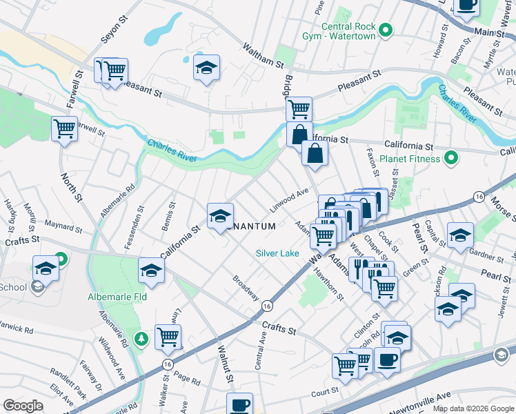map of restaurants, bars, coffee shops, grocery stores, and more near in Newton