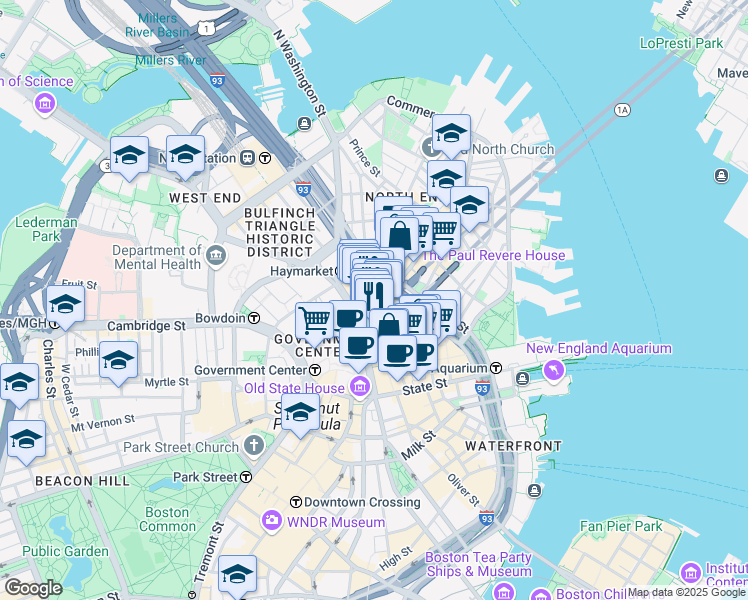 map of restaurants, bars, coffee shops, grocery stores, and more near 100 Hanover Street in Boston