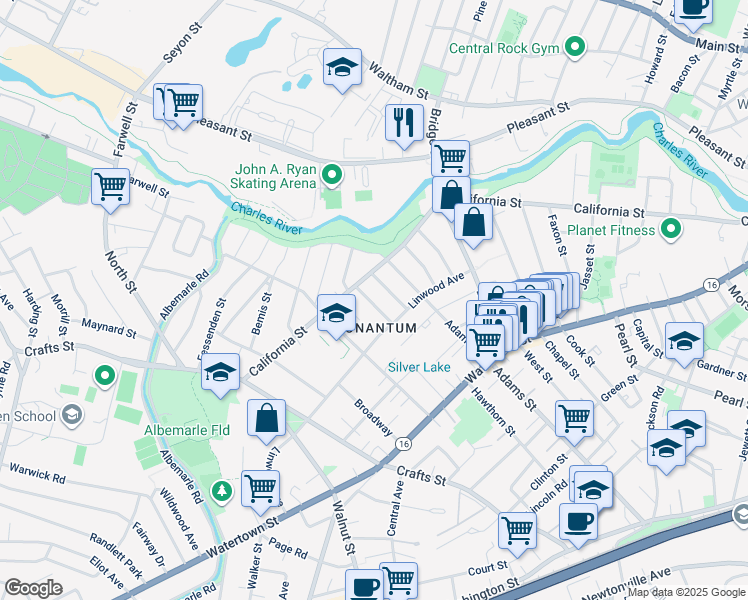 map of restaurants, bars, coffee shops, grocery stores, and more near 22 Melville Avenue in Newton
