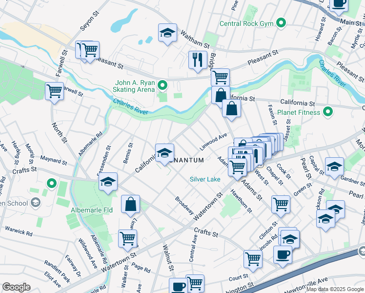 map of restaurants, bars, coffee shops, grocery stores, and more near 22 Melville Avenue in Newton