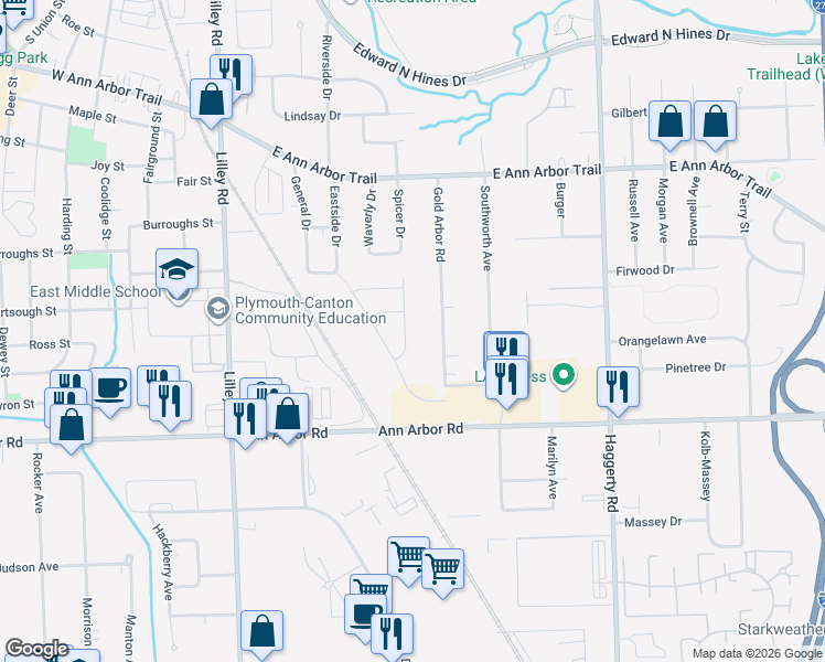 map of restaurants, bars, coffee shops, grocery stores, and more near 11019 Gold Arbor Road in Plymouth