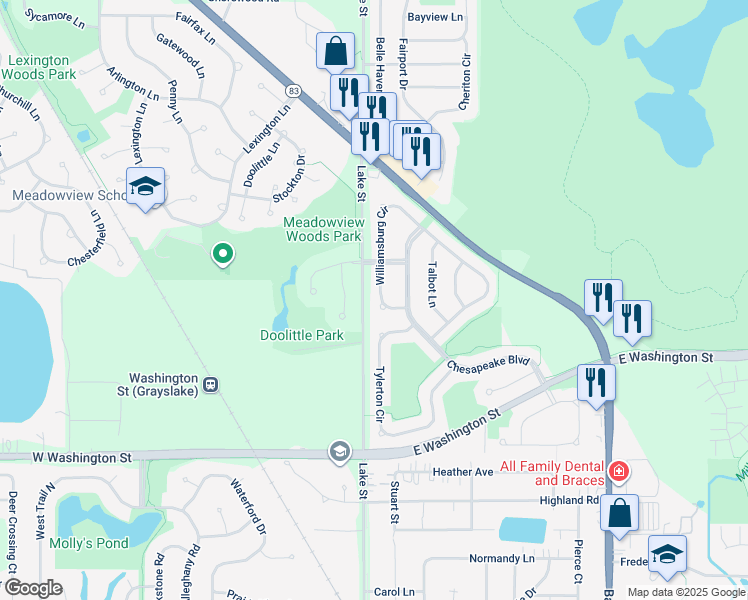 map of restaurants, bars, coffee shops, grocery stores, and more near 1050 Williamsburg Circle in Grayslake