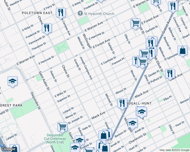 map of restaurants, bars, coffee shops, grocery stores, and more near 4184 Joseph Campau Avenue in Detroit