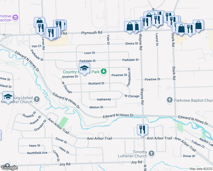 map of restaurants, bars, coffee shops, grocery stores, and more near 35452 West Chicago in Livonia