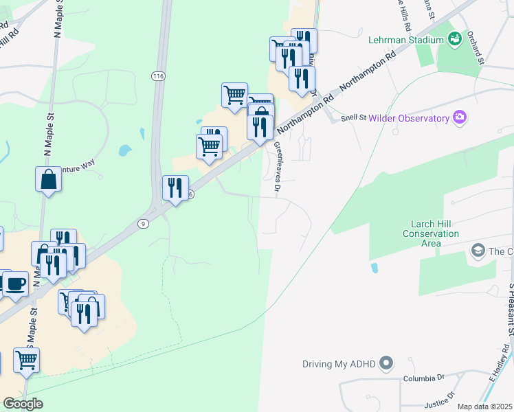 map of restaurants, bars, coffee shops, grocery stores, and more near 30 Greenleaves Drive in Amherst