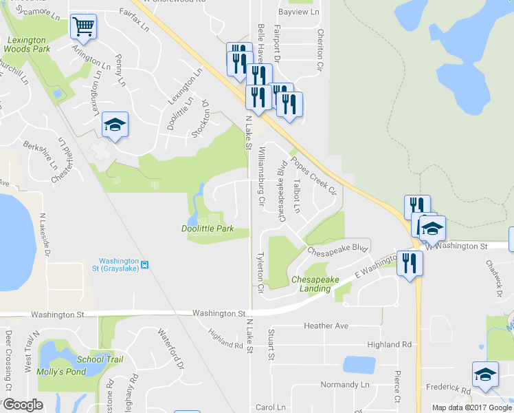 map of restaurants, bars, coffee shops, grocery stores, and more near 1050 Williamsburg Circle in Grayslake