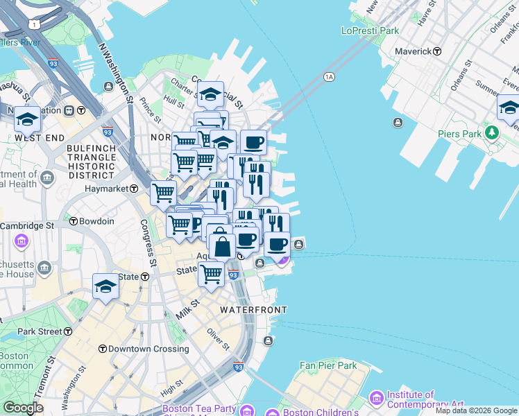 map of restaurants, bars, coffee shops, grocery stores, and more near 55 Commercial Wharf in Boston