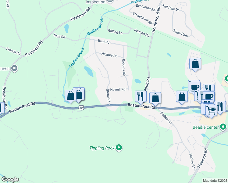 map of restaurants, bars, coffee shops, grocery stores, and more near 16 Stone Road in Sudbury