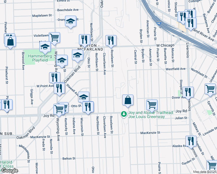 map of restaurants, bars, coffee shops, grocery stores, and more near 9076 Cloverlawn Street in Detroit