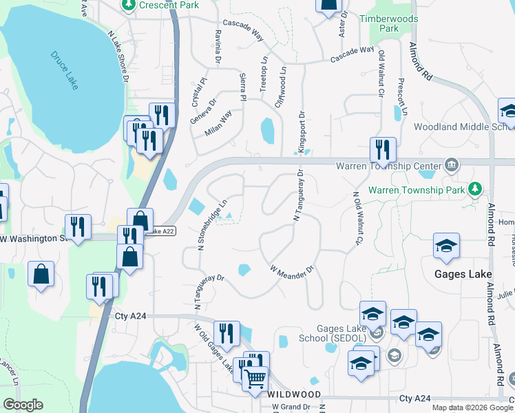 map of restaurants, bars, coffee shops, grocery stores, and more near 18409 Springwood Drive in Grayslake