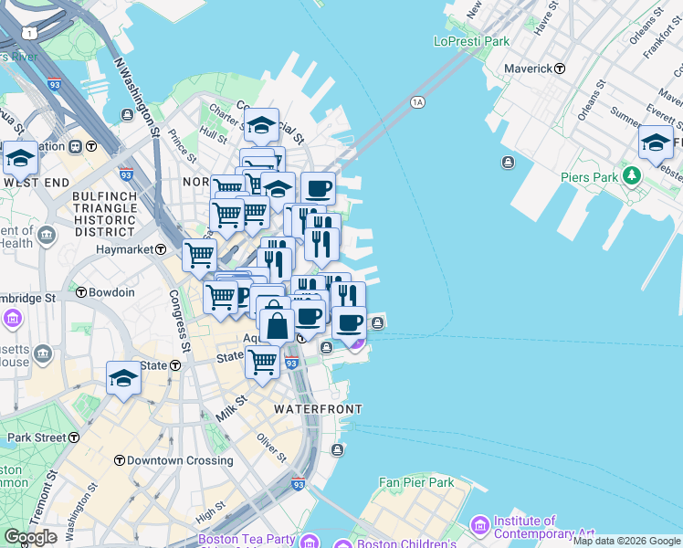 map of restaurants, bars, coffee shops, grocery stores, and more near 55 Commercial Wharf in Boston
