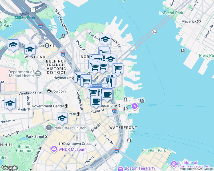 map of restaurants, bars, coffee shops, grocery stores, and more near 47 Fulton Street in Boston