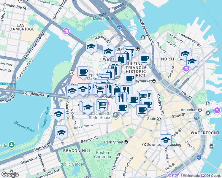 map of restaurants, bars, coffee shops, grocery stores, and more near 131A Cambridge Street in Boston