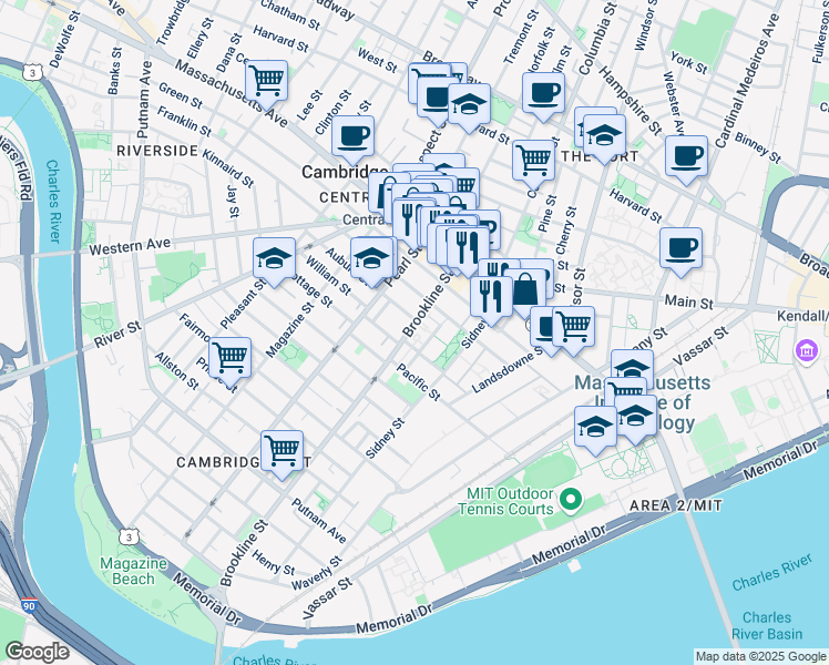 map of restaurants, bars, coffee shops, grocery stores, and more near 42 Pilgrim Street in Cambridge