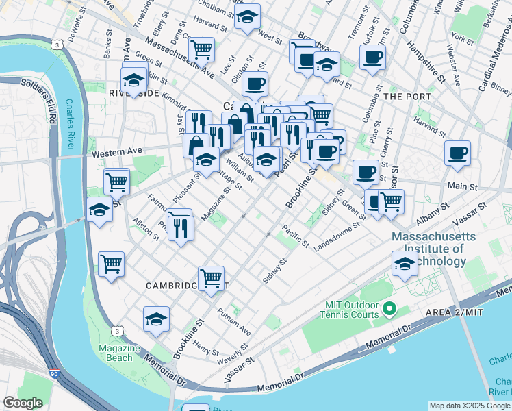 map of restaurants, bars, coffee shops, grocery stores, and more near 31 Decatur Street in Cambridge