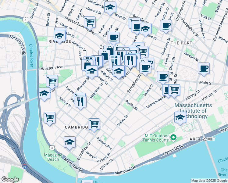 map of restaurants, bars, coffee shops, grocery stores, and more near 31 Decatur Street in Cambridge