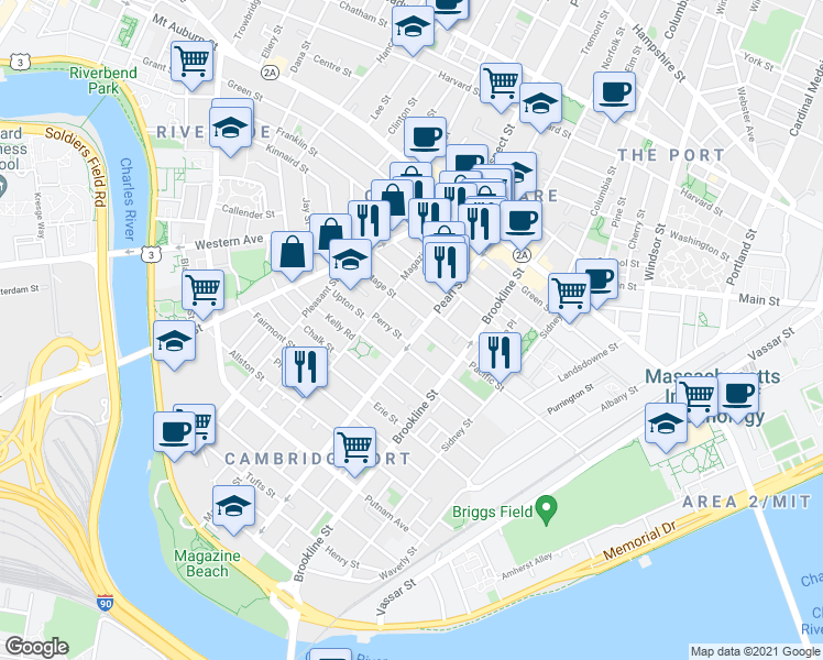 map of restaurants, bars, coffee shops, grocery stores, and more near 31 Decatur Street in Cambridge