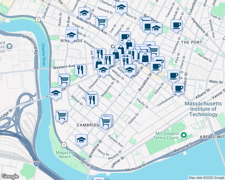 map of restaurants, bars, coffee shops, grocery stores, and more near 29 Lawrence Street in Cambridge