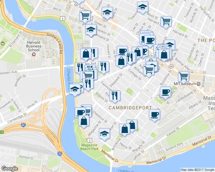 map of restaurants, bars, coffee shops, grocery stores, and more near 25 Fairmont Street in Cambridge