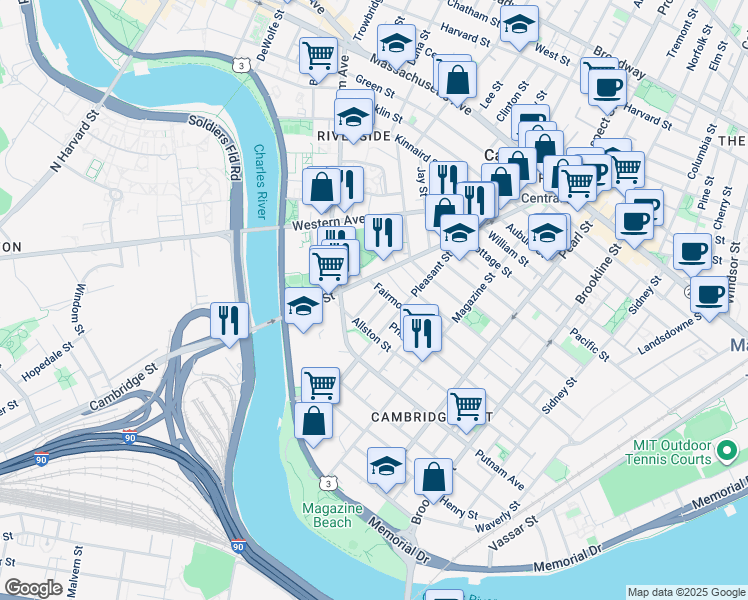 map of restaurants, bars, coffee shops, grocery stores, and more near 25 Andrew Street in Cambridge
