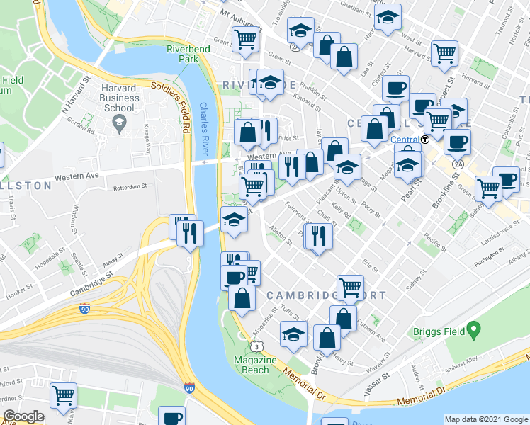map of restaurants, bars, coffee shops, grocery stores, and more near 340 Putnam Avenue in Cambridge