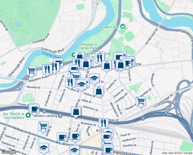 map of restaurants, bars, coffee shops, grocery stores, and more near 17 Raymond Street in Boston