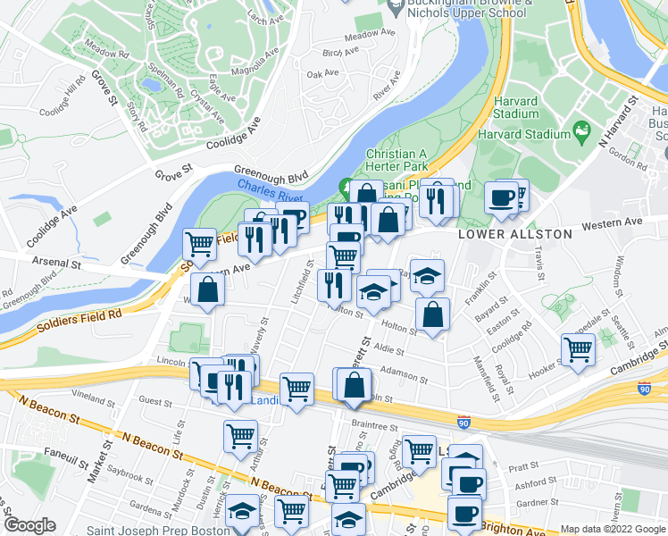 map of restaurants, bars, coffee shops, grocery stores, and more near 110 Antwerp Street in Boston