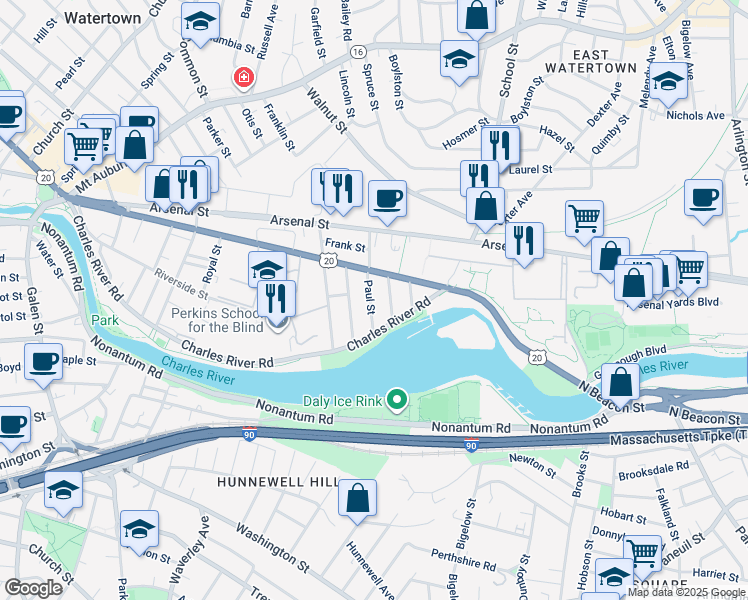 map of restaurants, bars, coffee shops, grocery stores, and more near 360 Charles River Road in Watertown