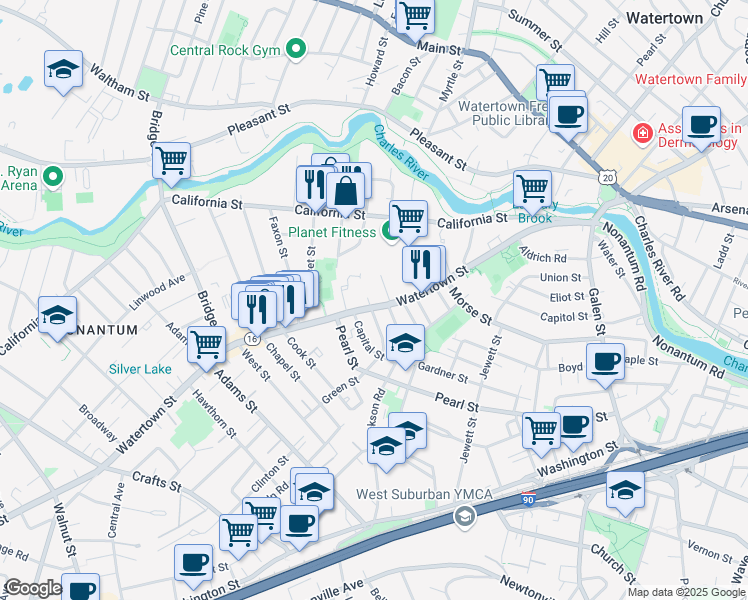 map of restaurants, bars, coffee shops, grocery stores, and more near 4 Capital Street in Newton