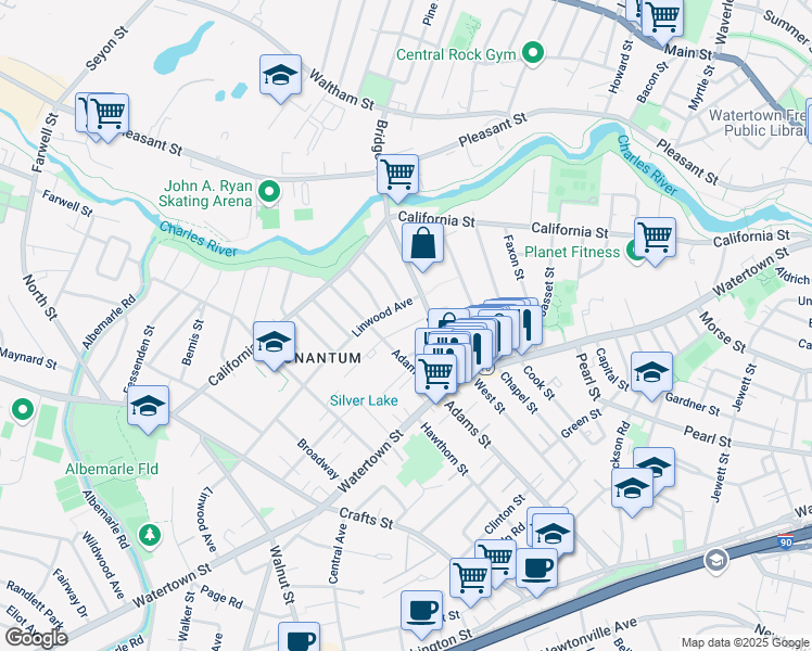 map of restaurants, bars, coffee shops, grocery stores, and more near 23 Chandler Street in Newton